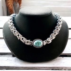 Handmade turquoise bizantine maille link chain choker gemstone boho necklace